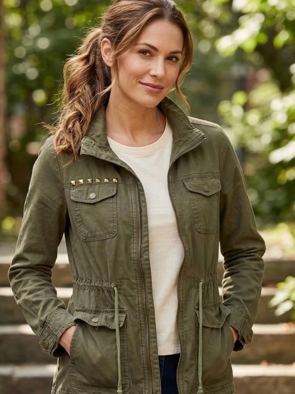 Noble U Green Military Cargo Jacket Womens Large Grunge Pockets Full Zip